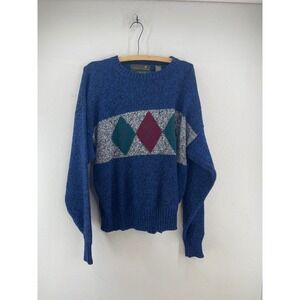 Thrashed 90s Vintage Mens Blue Argyle Shetland Wool Sweater L Hunting Horn